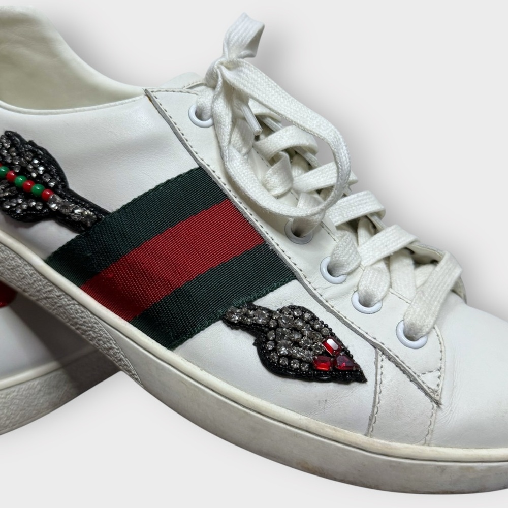 Gucci Leather Ace White Embroidered Sequin Arrow Trainer Sneakers - Picture 10 of 15